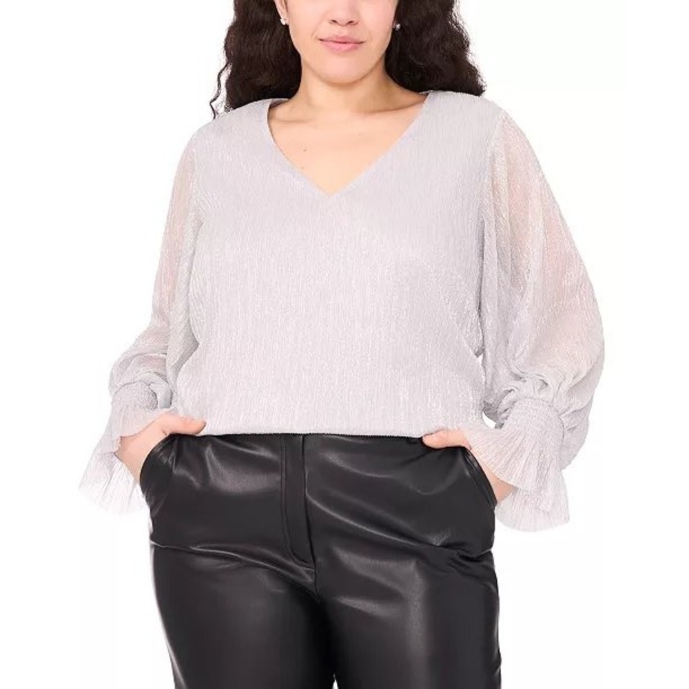 Vince Camuto Womens Silver Metallic Plisse V-Neck Smocked Ruffle Cuff Blouse NWT